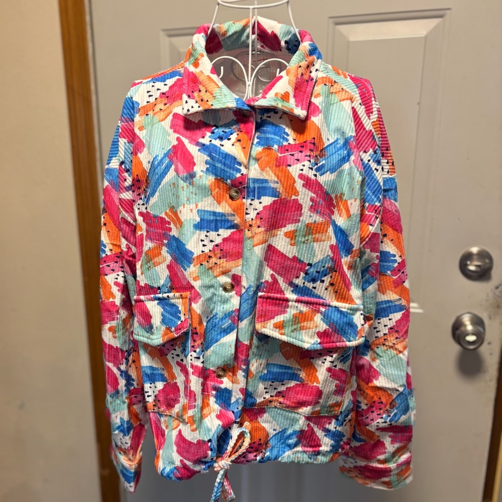 Colorful Abstract Print Women's Corduroy Jacket - Multicolor